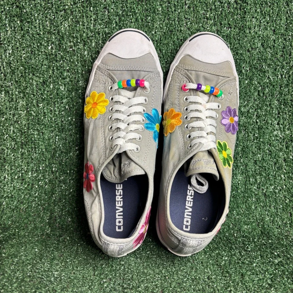 Converse Jack Purcell Floral Embroidered Beaded Hippie Sneakers Grey Womens 10.5